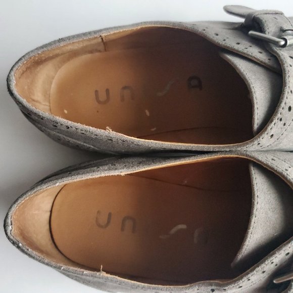 Women's Grey Suede Brogue Loafer Shoes Size 6.5 Buckle Preppy Western Academia - Picture 9 of 13